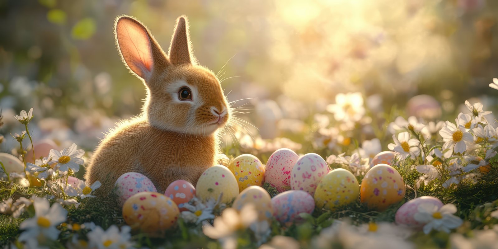 Rabbit surrounded by colorful eggs and flowers in a sunny meadow during springtime
